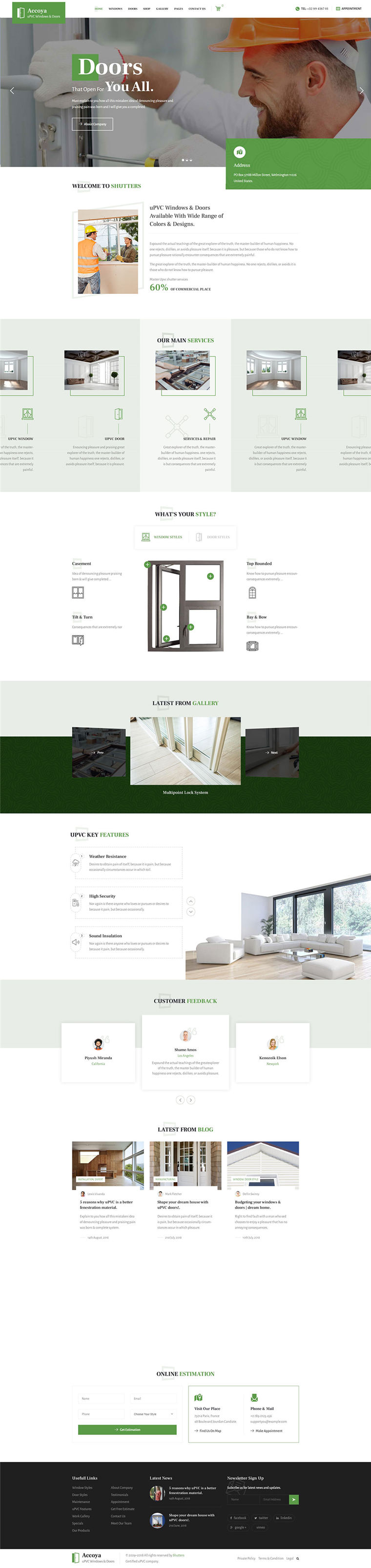 响应式绿色门窗建材保洁服务公司WordPress网站模板预览图