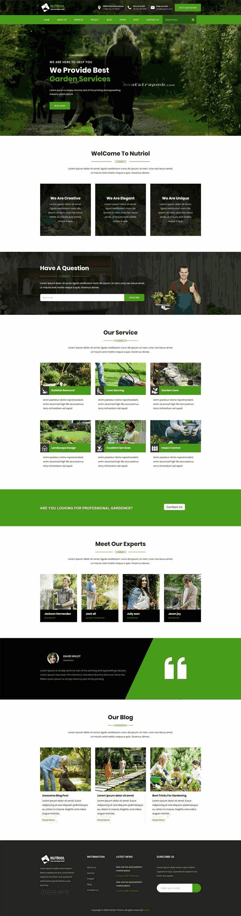 绿色的花园设计服务bootstrap响应式网站Wordpress模板(带手机版)效果图