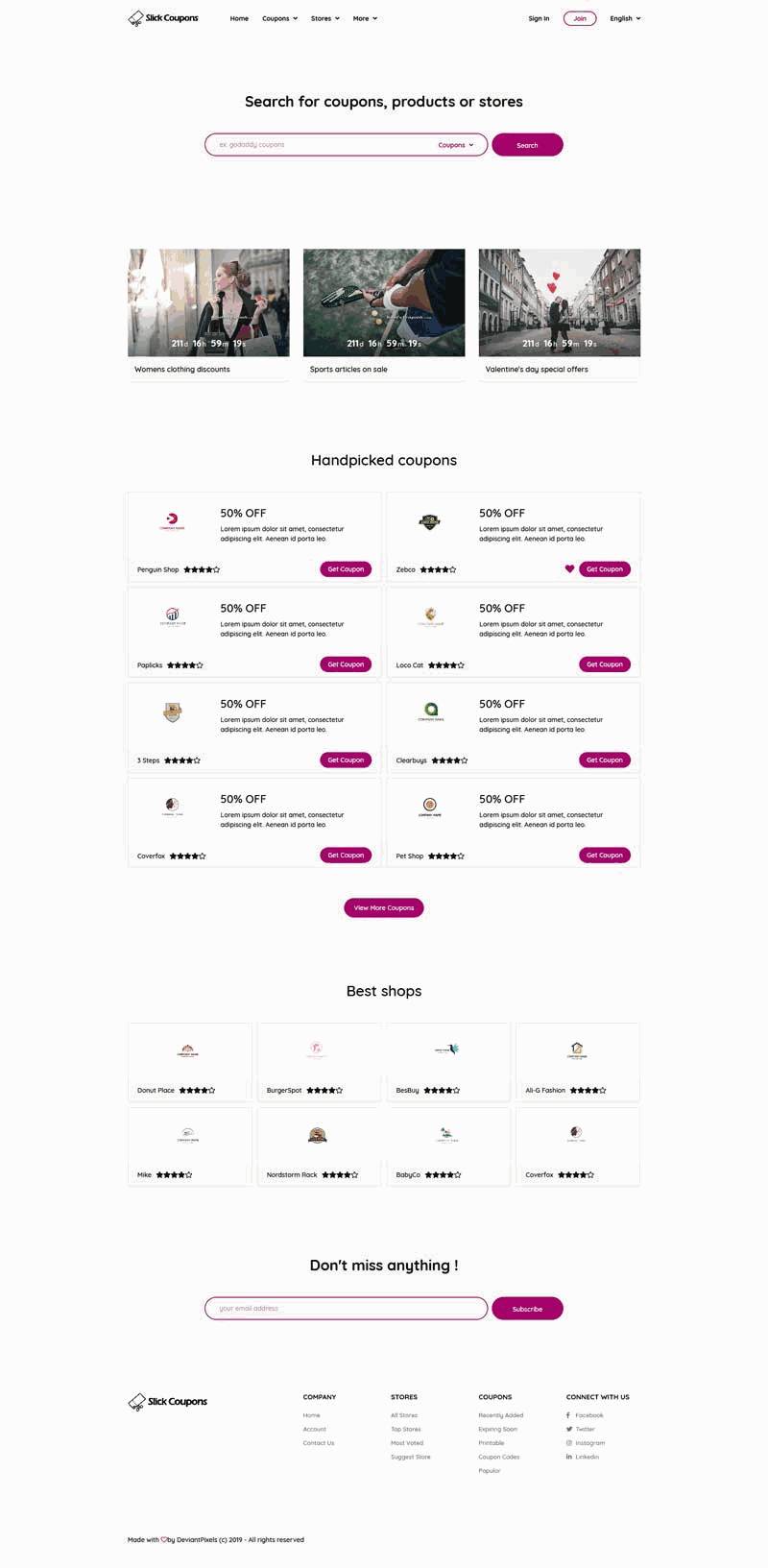 简洁bootstrap响应式优惠券平台网站Wordpress模板(带手机版)效果图