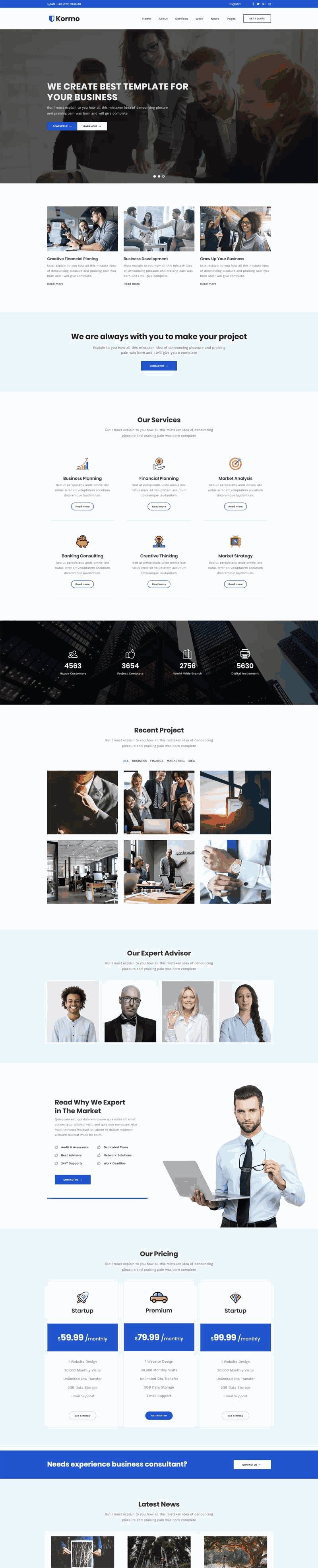 蓝色的商业咨询公司站bootstrap响应式Wordpress模板(带手机版)效果图