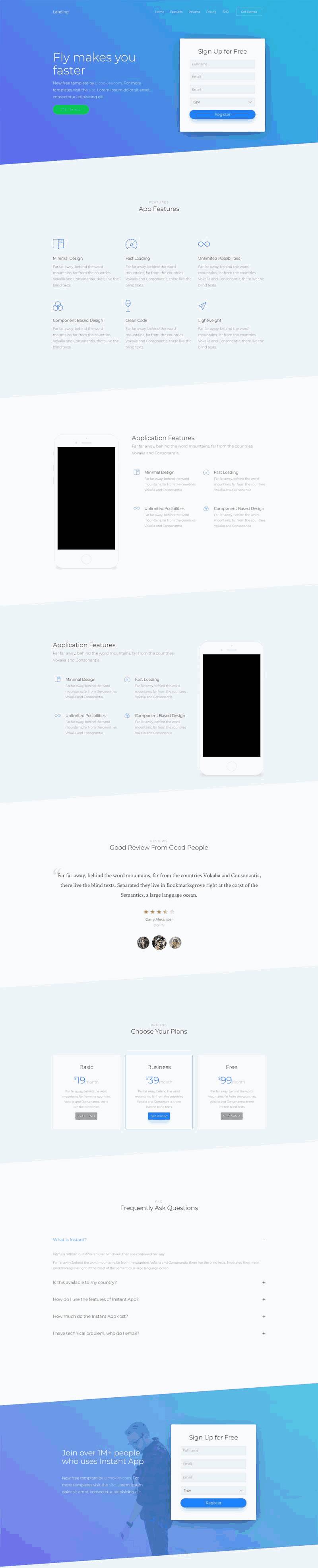 蓝色简洁的app应用介绍注册页面Wordpress模板(含手机站)效果图
