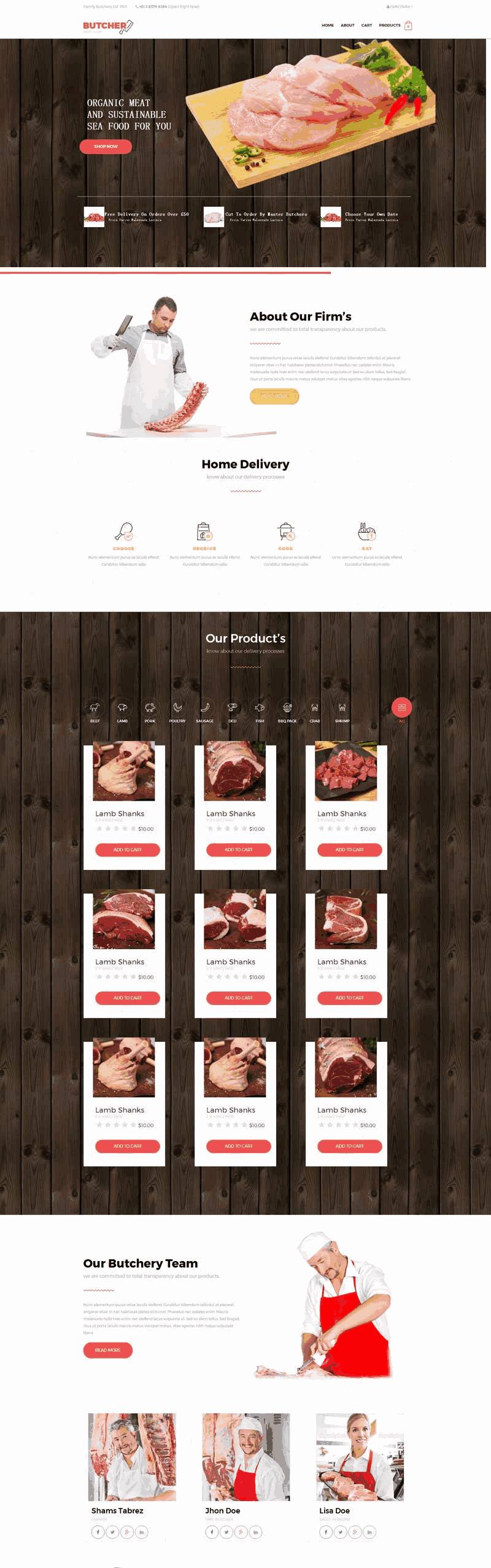 红色宽屏的肉制品销售公司网站Wordpress模板(带手机版)效果图