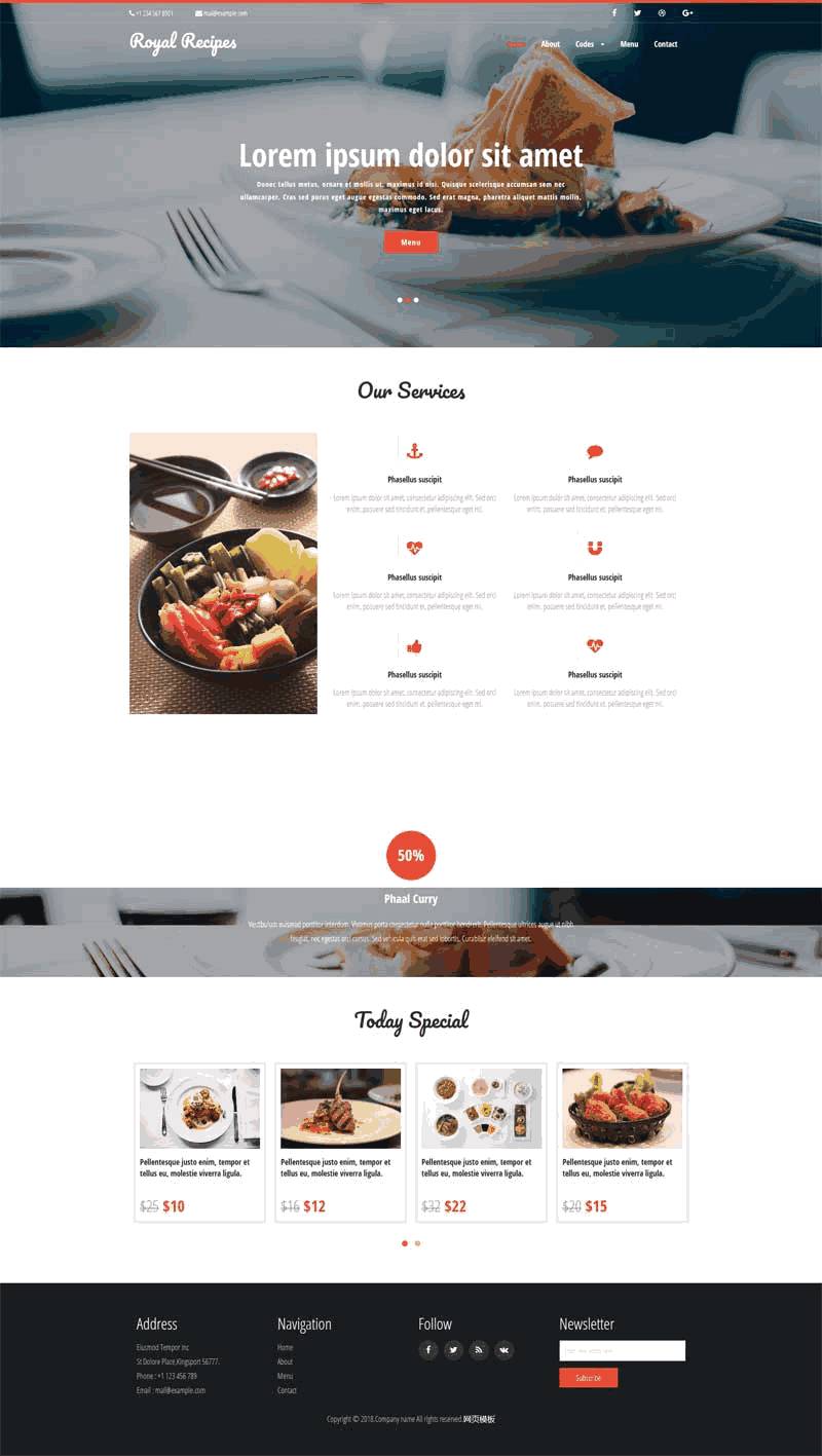 红色的美食餐厅预订网站Wordpress模板(带手机版)效果图