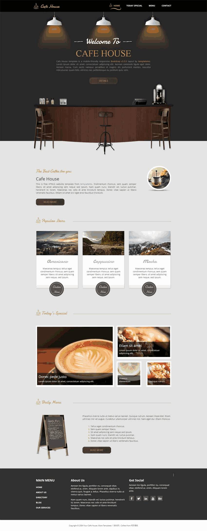 黑色的html5咖啡馆自适应网站Wordpress模板(带手机版)效果图