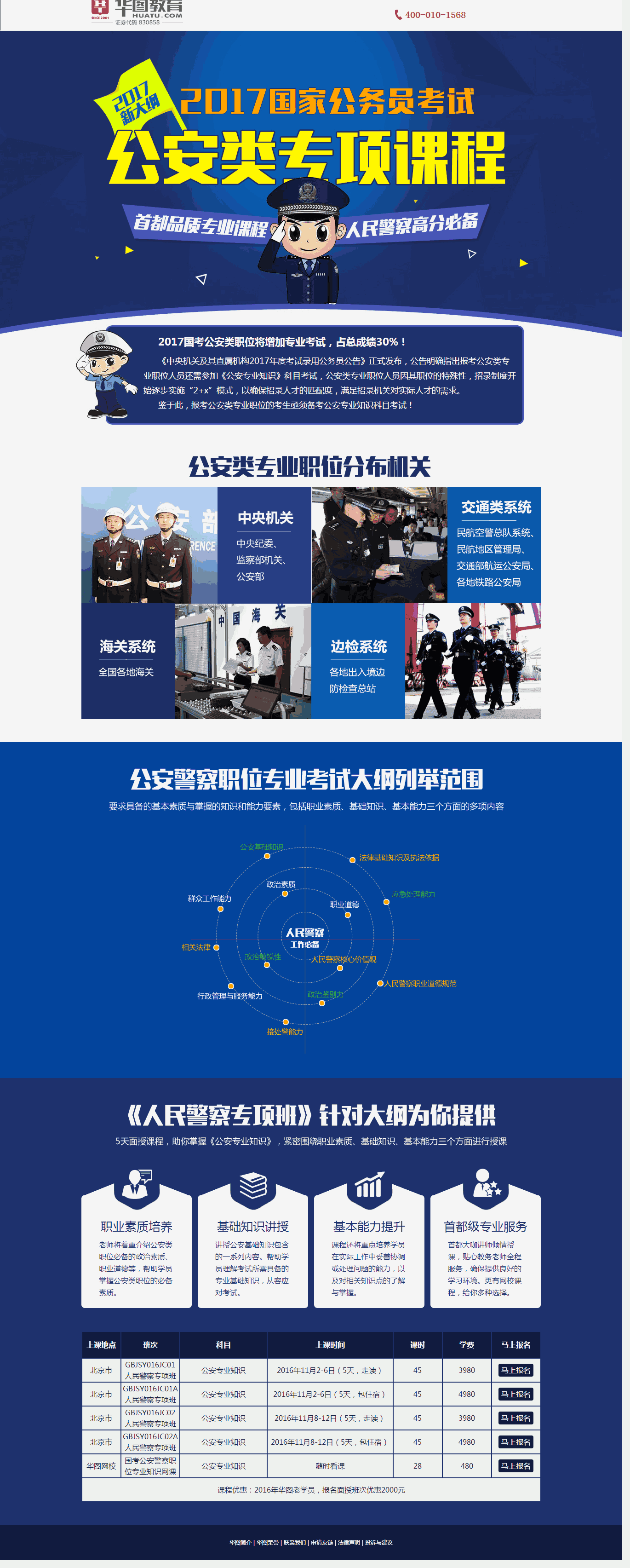 蓝色的国考公安类课程介绍专题Wordpress模板(含手机站)效果图
