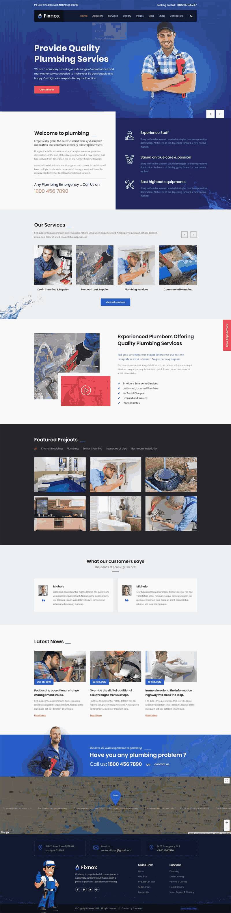 管道修理家政公司网站bootstrap响应式Wordpress模板（带手机版）效果图